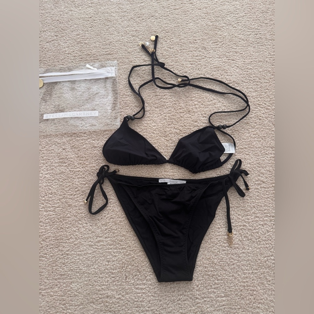 Stella McCartney triangle black bikini with gold accents Medium